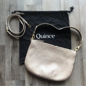 Quince Italian Leather Convertible Crescent Handwoven Shoulder Bag Large Taupe